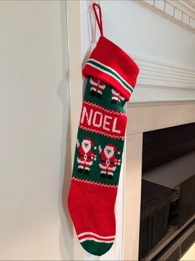 Vintage Noel Santa Knit Christmas Stocking - Red & Green Holiday Decor